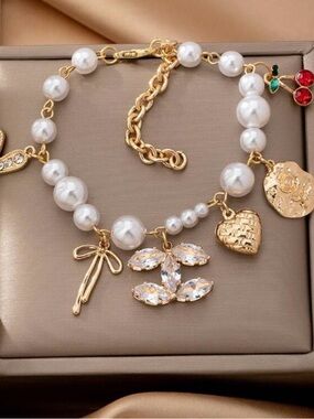Target Gold-Tone Pearl Charm Bracelet with Red and Green Accent